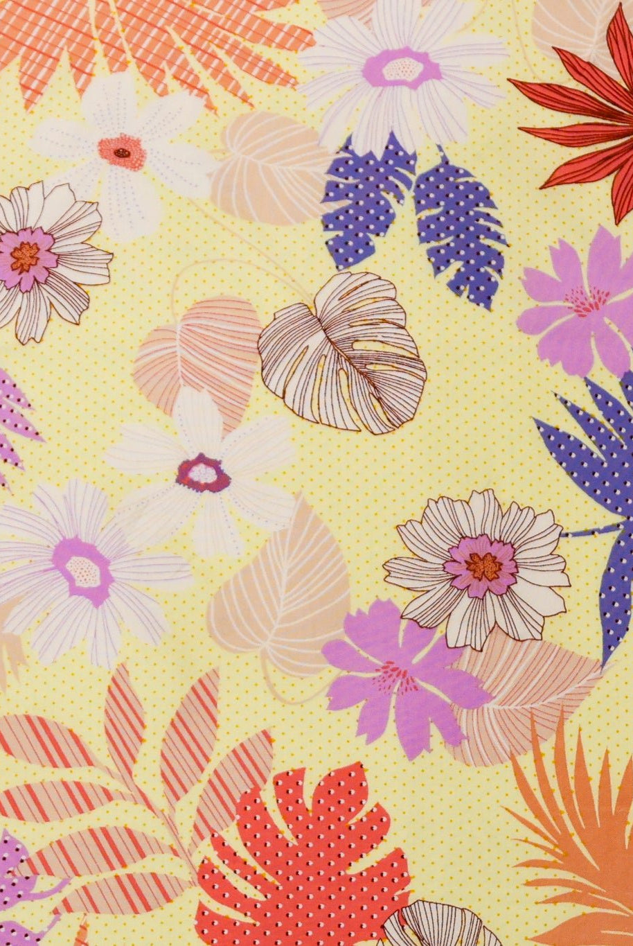 Yellow with Tropical Leaves and Polka Dot Florals Rayon Challis Woven Fabric - Boho Fabrics - Challis, Woven