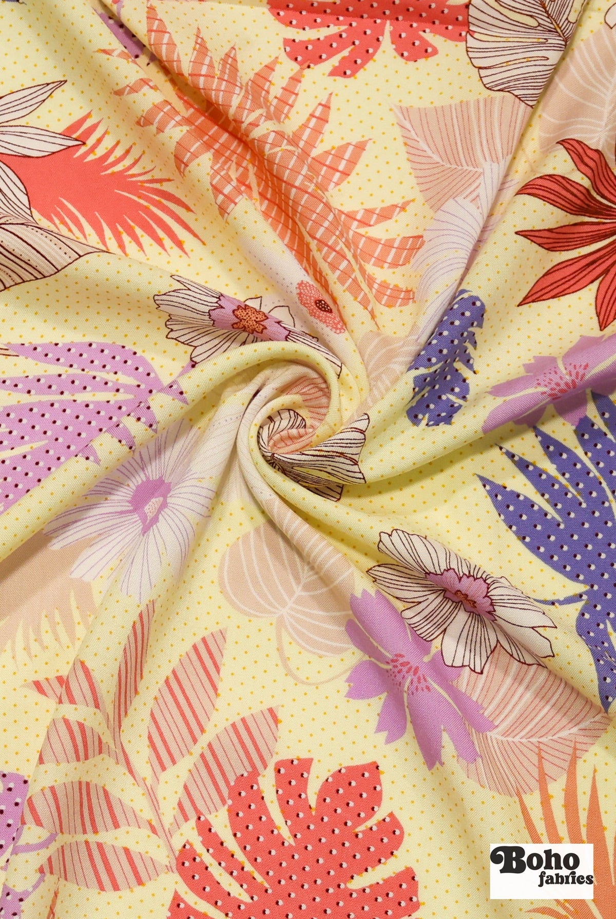 Yellow with Tropical Leaves and Polka Dot Florals Rayon Challis Woven Fabric - Boho Fabrics - Challis, Woven