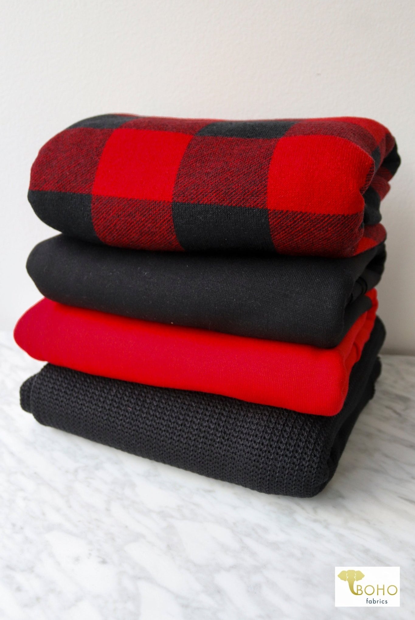 01/23/24 Fabric Happy Hour! Red Buffalo Plaid, SWTR Knit Bundle. READY TO SHIP! - Boho Fabrics