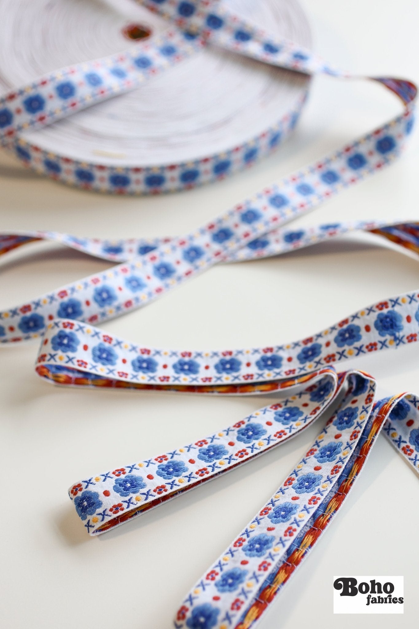 1" Stitchwork Blooms in Blue. Vintage Jacquard Woven Trim, TRIM - 030 - Boho Fabrics - Trims