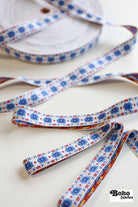 1" Stitchwork Blooms in Blue. Vintage Jacquard Woven Trim, TRIM - 030 - Boho Fabrics - Trims