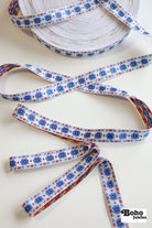 1" Stitchwork Blooms in Blue. Vintage Jacquard Woven Trim, TRIM - 030 - Boho Fabrics - Trims