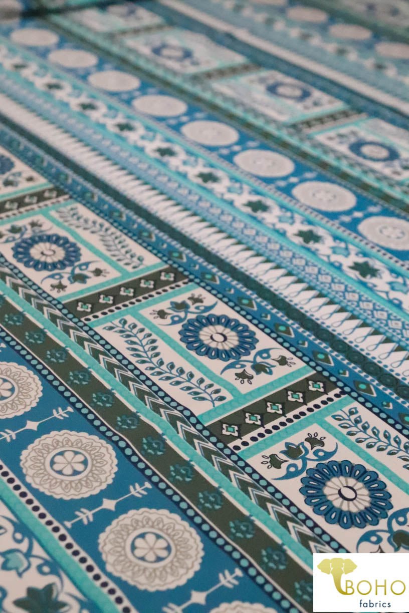 1 Yard Last Cuts! Blue Floral Quilt Stripe. Swim/Athletic Nylon Spandex Fabric - Boho Fabrics