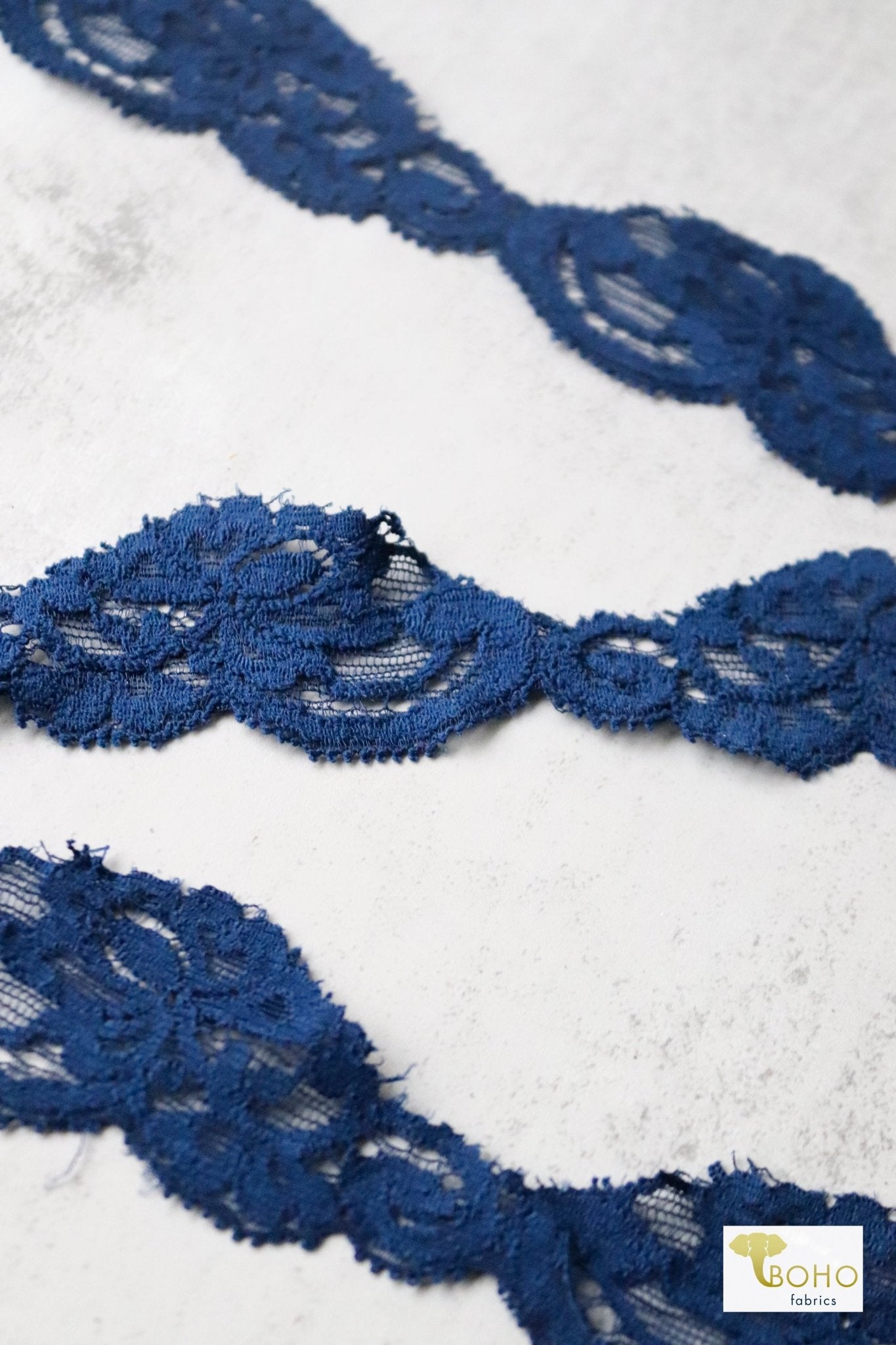 1.5" Navy Florals, Stretch Lace Trim SOLD PER PACKAGE OF 3 YARDS. - Boho Fabrics