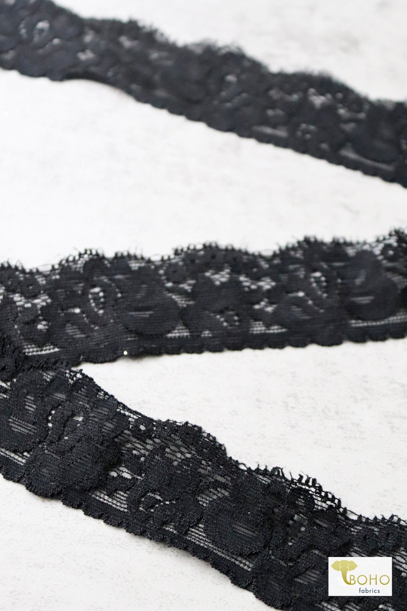 1.5" Rose Silhouette, Stretch Lace Trim SOLD PER PACKAGE OF 3 YARDS. - Boho Fabrics