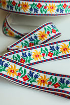 1.75" Festival Bloom, Primary Colorway on White. Vintage Jacquard Woven Trim, TRIM - 012 - Boho Fabrics - Trims