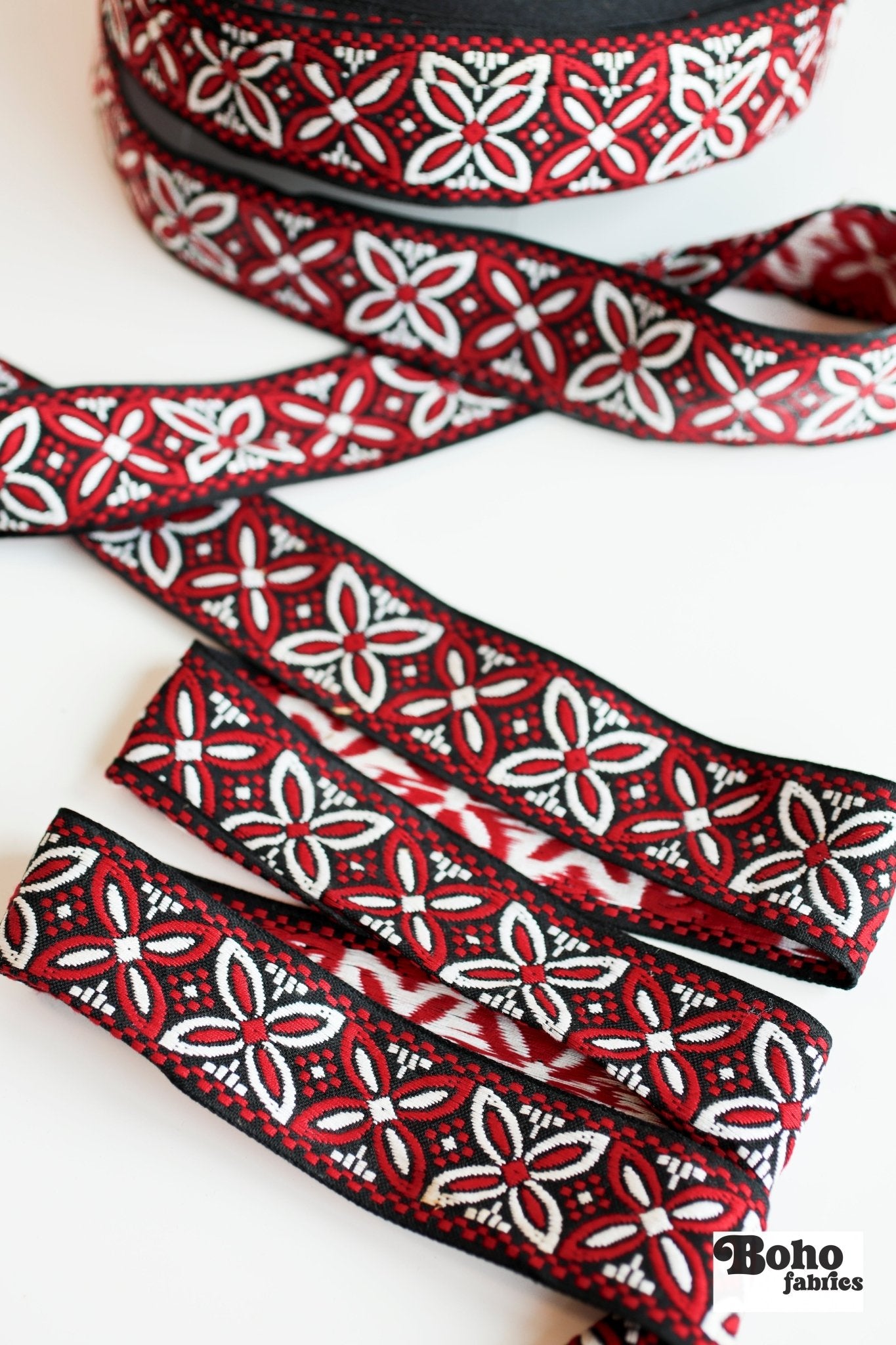 2" Alpine Petals in Red/Black. Jacquard Woven Trim. TRIM - 022 - Boho Fabrics - Trims