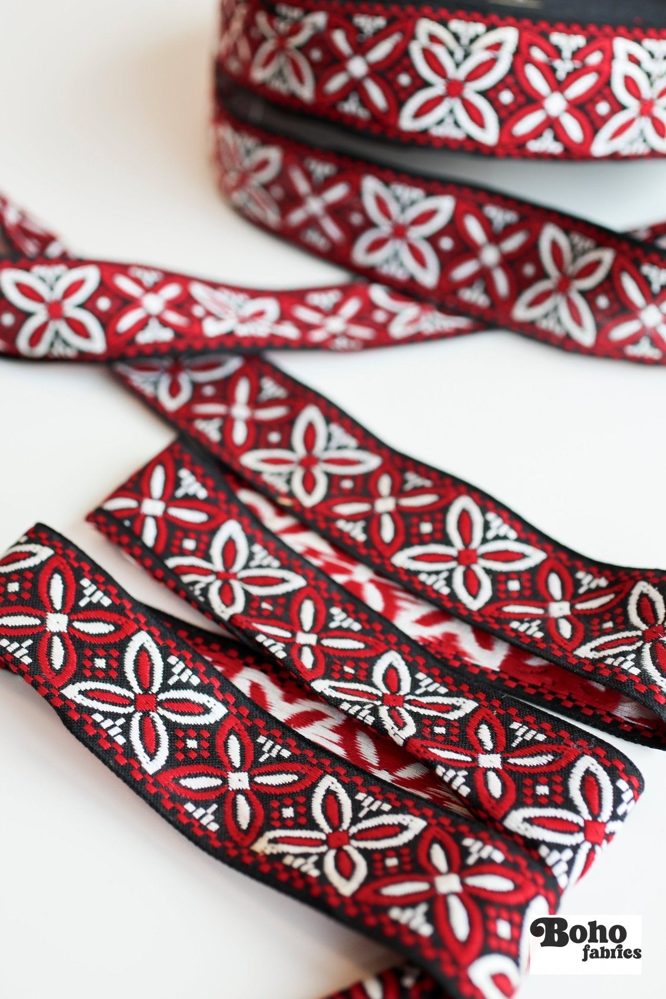 2" Alpine Petals in Red/Black. Jacquard Woven Trim. TRIM - 022 - Boho Fabrics - Trims