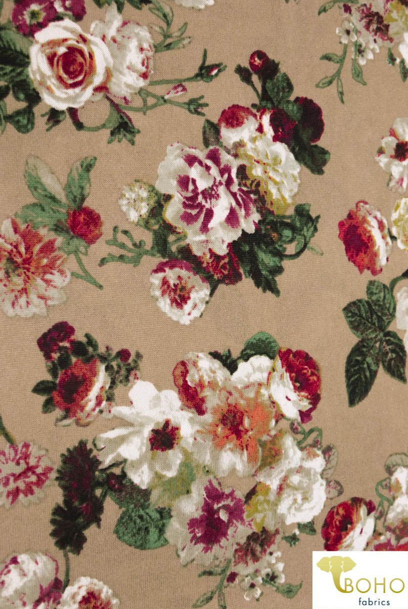 2 Yard- Last Cuts! Anna Floral Bouquet on Tan, Lightly Brushed Sweater Knit. PRSW-115-TAN - Boho Fabrics