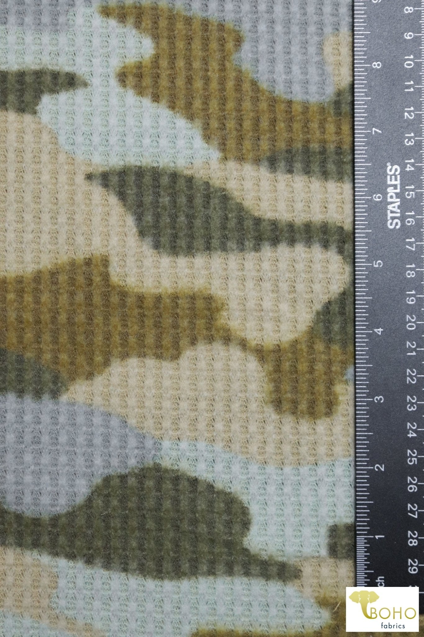 2 Yard- Last Cuts! Blue & Green Camo Brushed Waffle Knit Fabric. BWAFF-133-GRN - Boho Fabrics