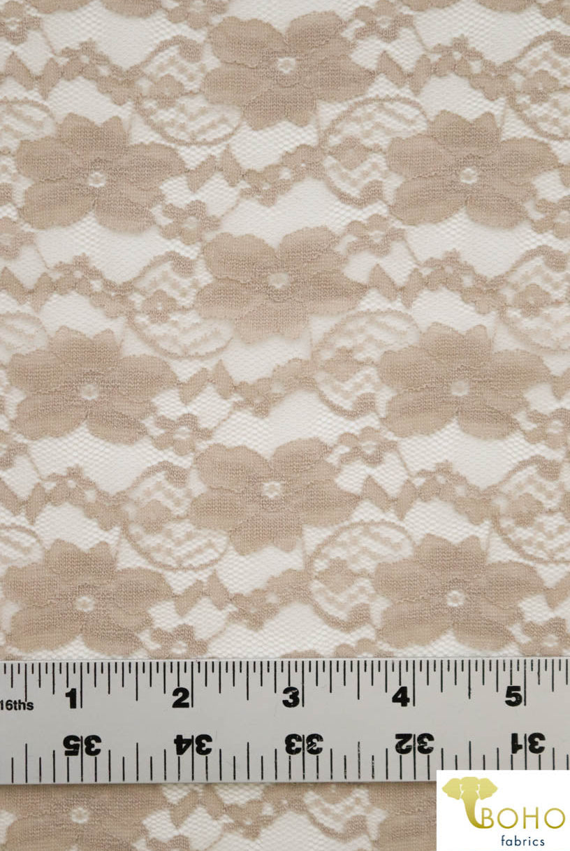 2 Yards - "Chain Flowers" in Taupe. Stretch Lace. FREE GIFT! - Boho Fabrics