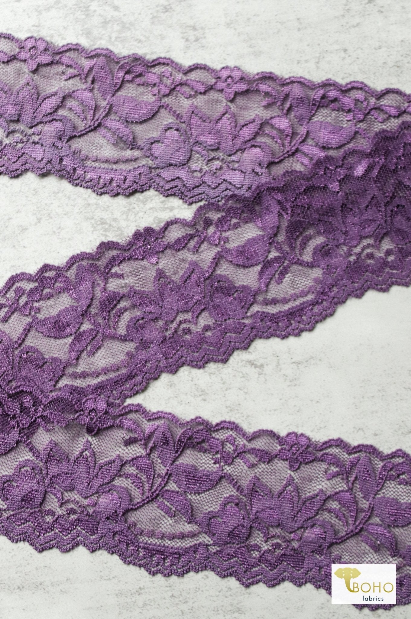 2.25" Dahlia Purple Florals, Stretch Lace Trim SOLD PER PACKAGE OF 3 YARDS. - Boho Fabrics