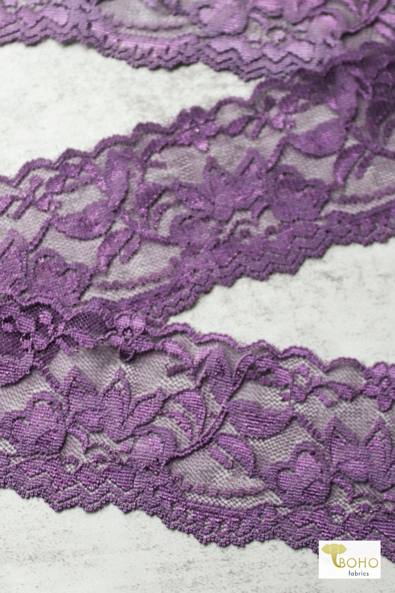 2.25" Dahlia Purple Florals, Stretch Lace Trim SOLD PER PACKAGE OF 3 YARDS. - Boho Fabrics