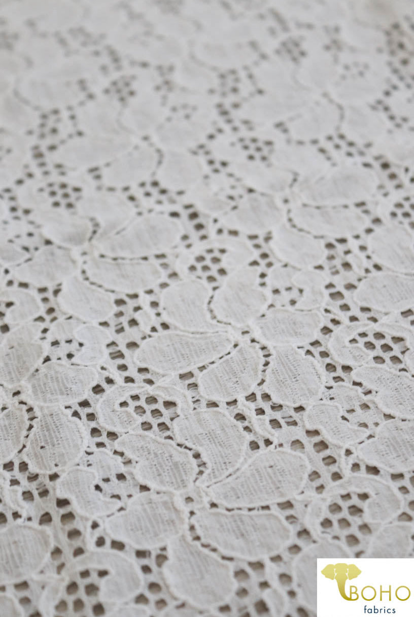 3 Yard Last Cut! Pinwheel Florals in White, Stretch Lace Knit. SL-117 - Boho Fabrics