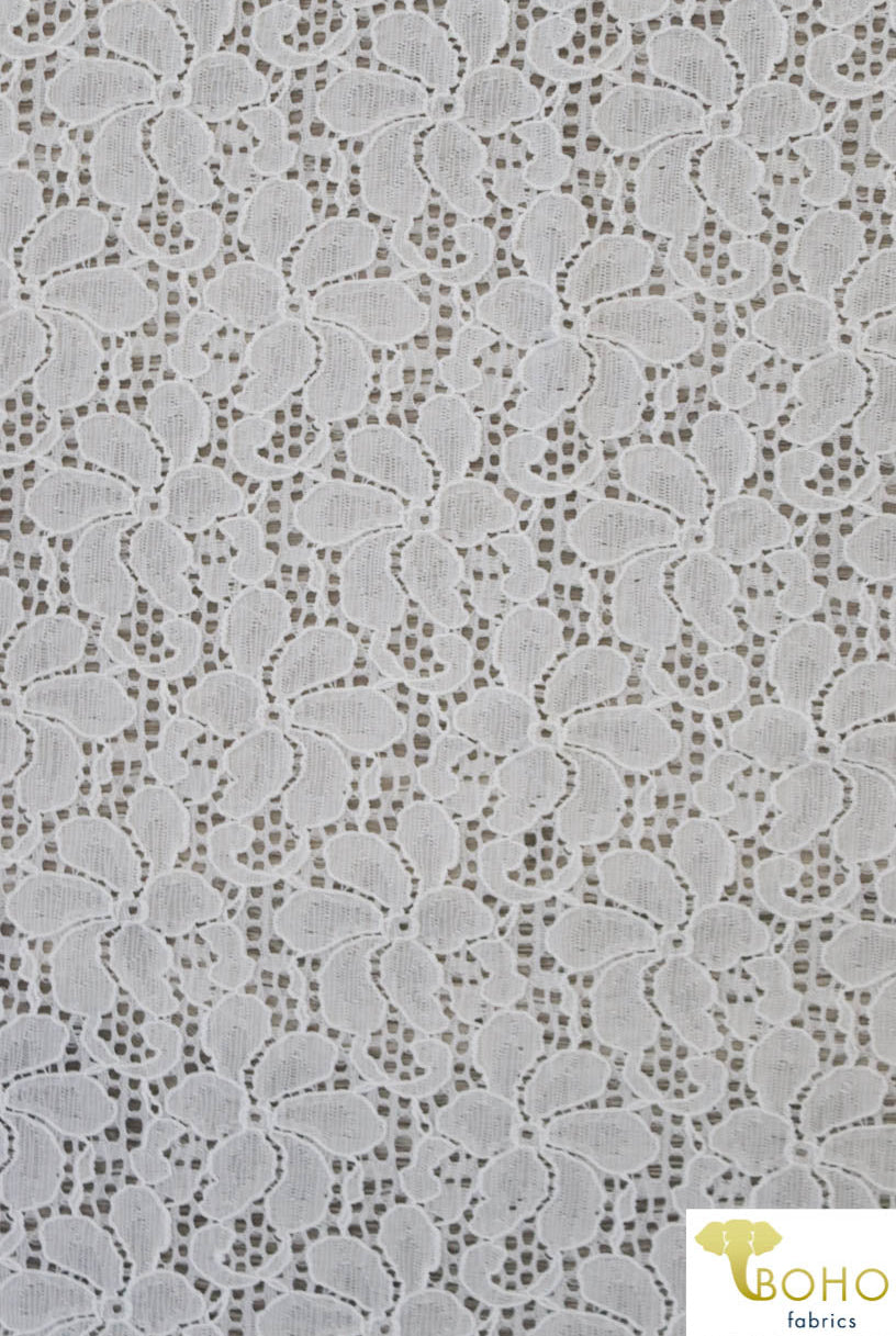3 Yard Last Cut! Pinwheel Florals in White, Stretch Lace Knit. SL-117 - Boho Fabrics