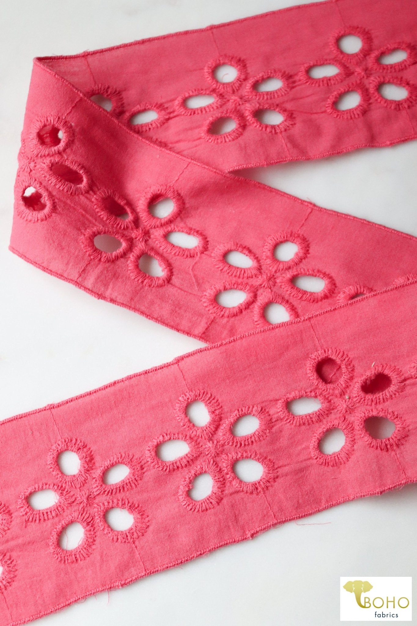 3 YARD PACK! Coral Pink California Poppy, Eyelet Embroidered Woven Trim. 2.75", WT-023-PNK - Boho Fabrics