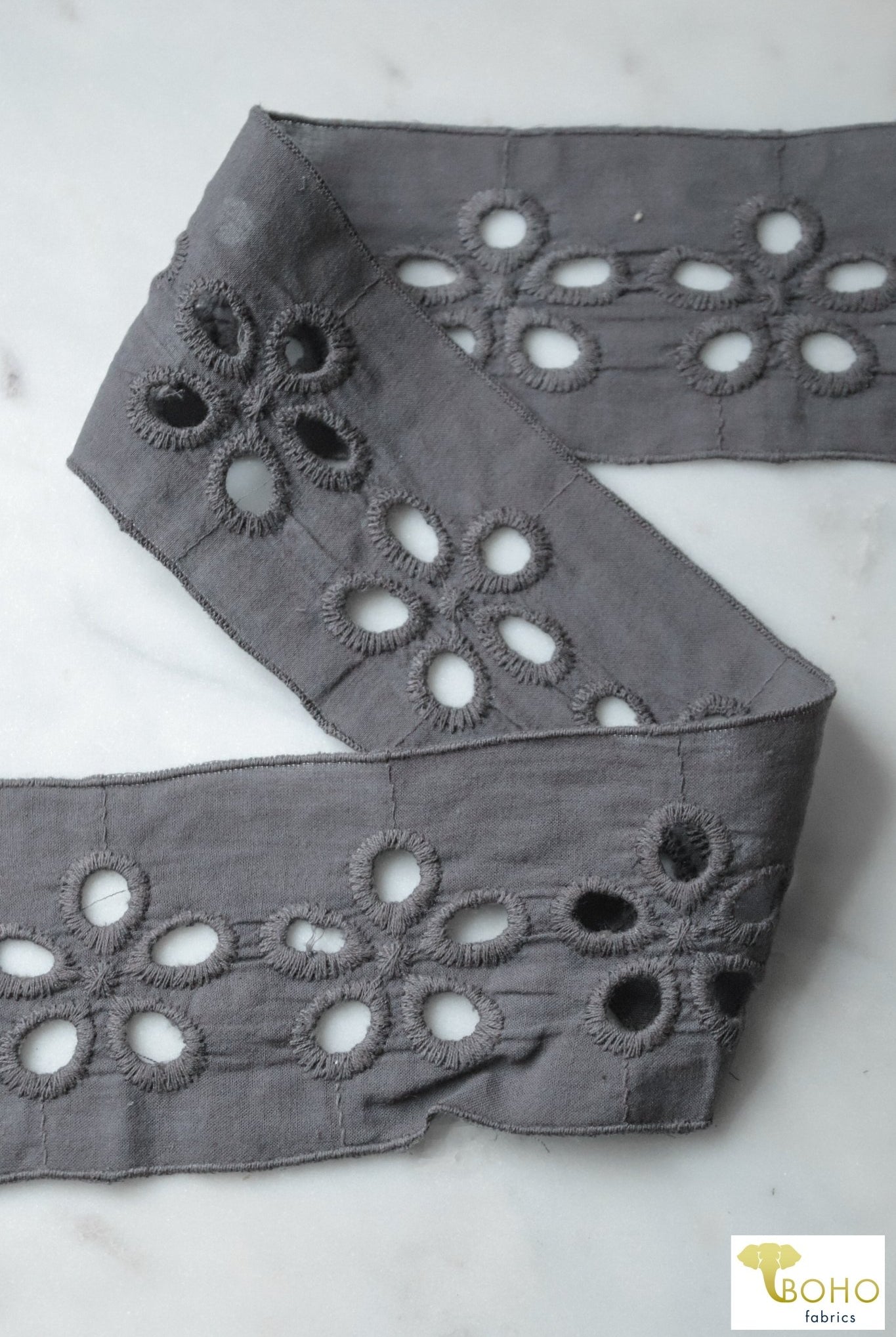 3 YARD PACK! Gray California Poppy, Eyelet Embroidered Woven Trim. 2.75", WT-023-GRY - Boho Fabrics