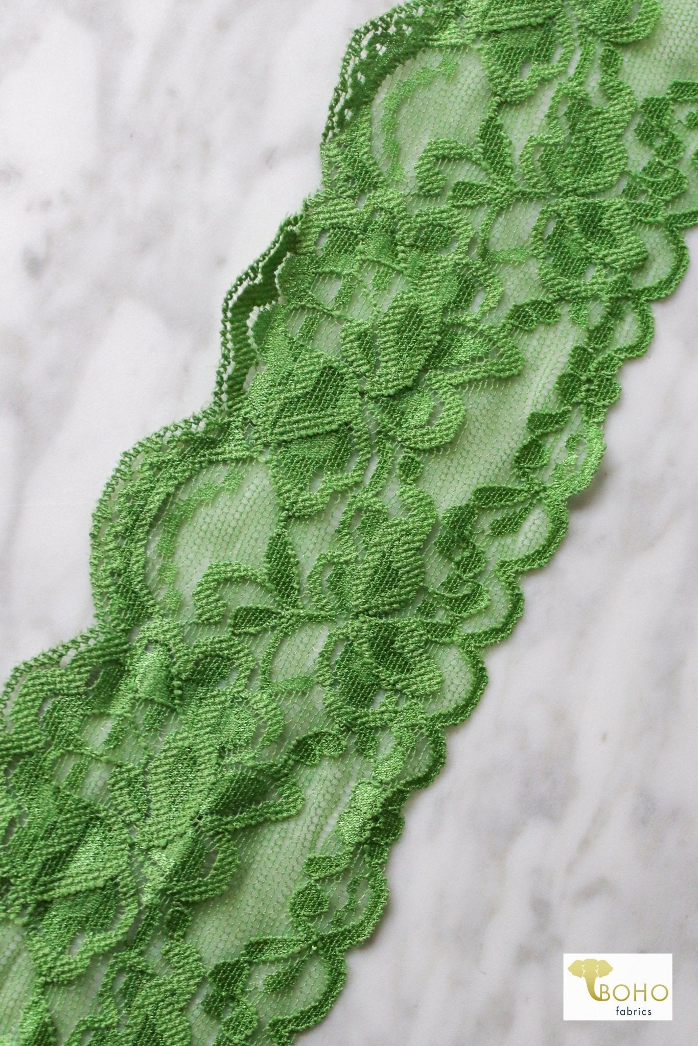 3.25" Green Florals, Stretch Lace Trim SOLD PER PACKAGE OF 3 YARDS. - Boho Fabrics