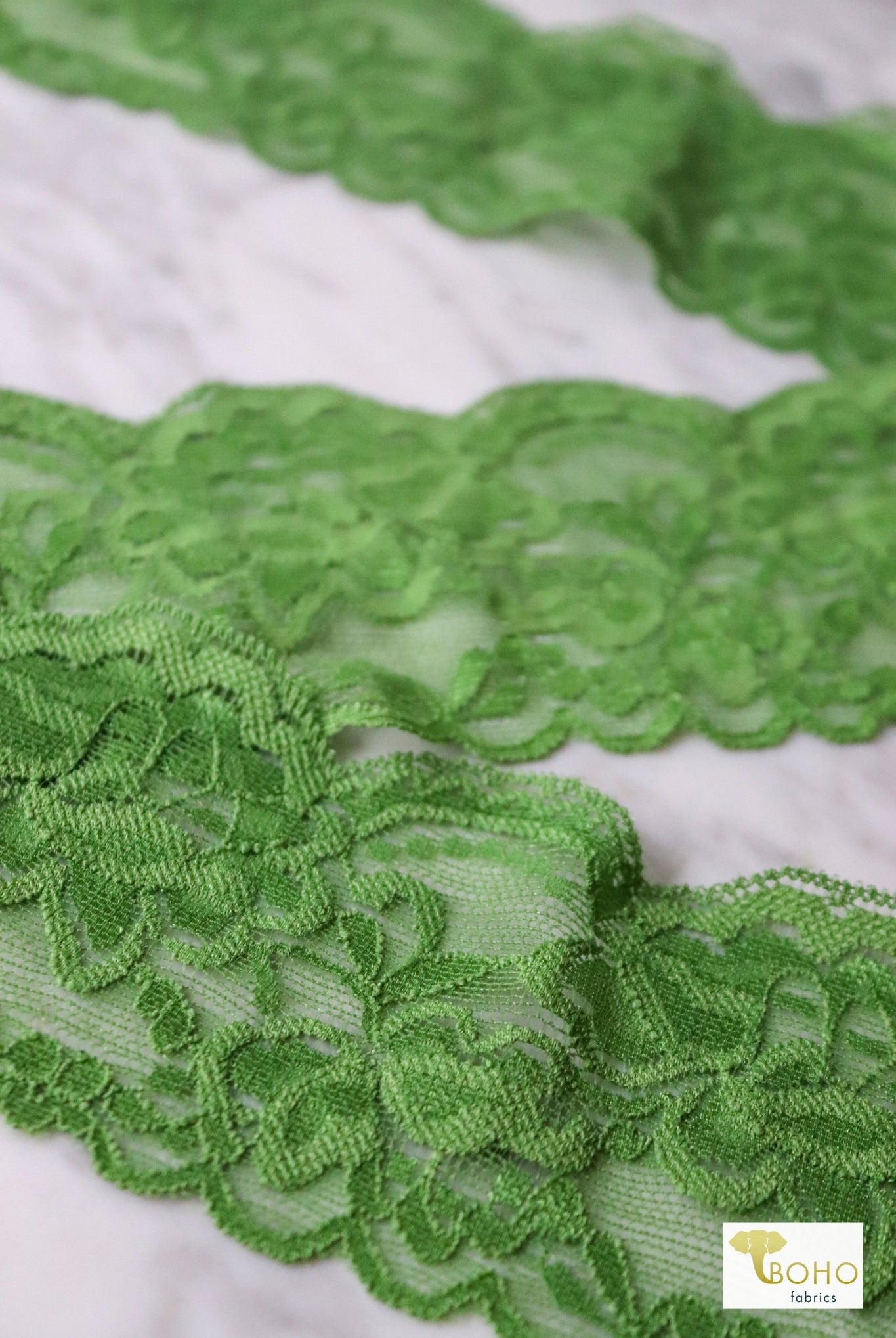 3.25" Green Florals, Stretch Lace Trim SOLD PER PACKAGE OF 3 YARDS. - Boho Fabrics