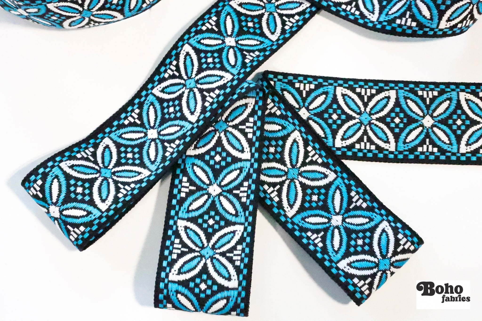 36 Yard Roll - Alpine Petals in Aqua, 1.875" Vintage Jacquard Woven Trim, TRIM - 042 - Boho Fabrics - Trims