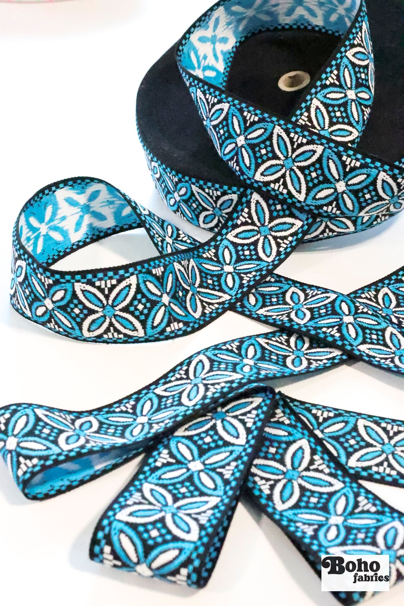 36 Yard Roll - Alpine Petals in Aqua, 1.875" Vintage Jacquard Woven Trim, TRIM - 042 - Boho Fabrics - Trims