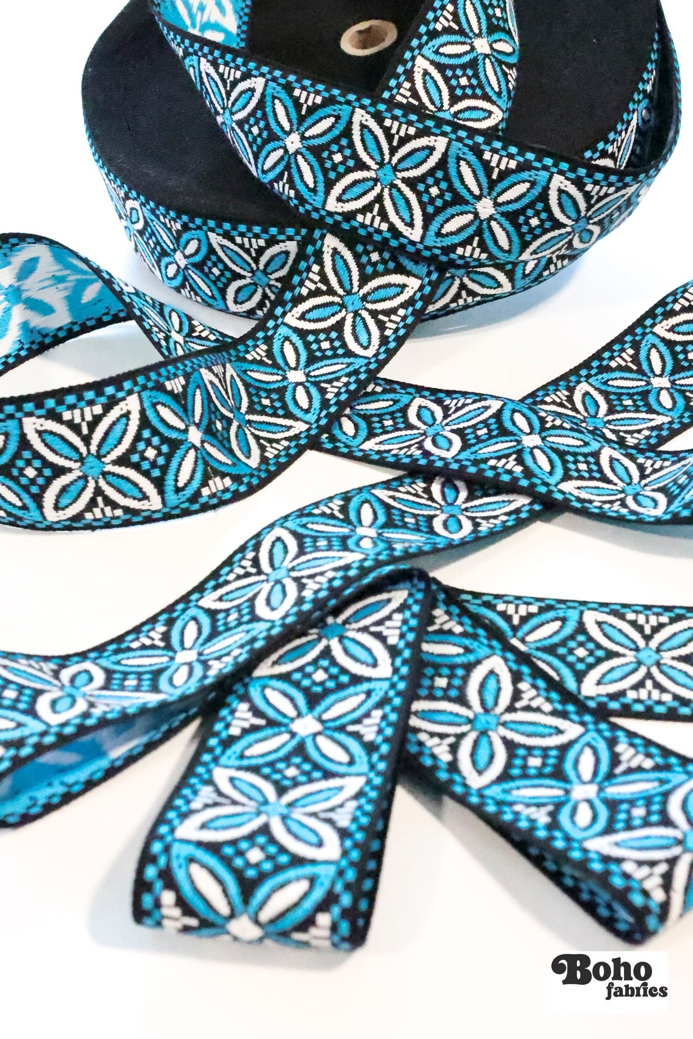 36 Yard Roll - Alpine Petals in Aqua, 1.875" Vintage Jacquard Woven Trim, TRIM - 042 - Boho Fabrics - Trims