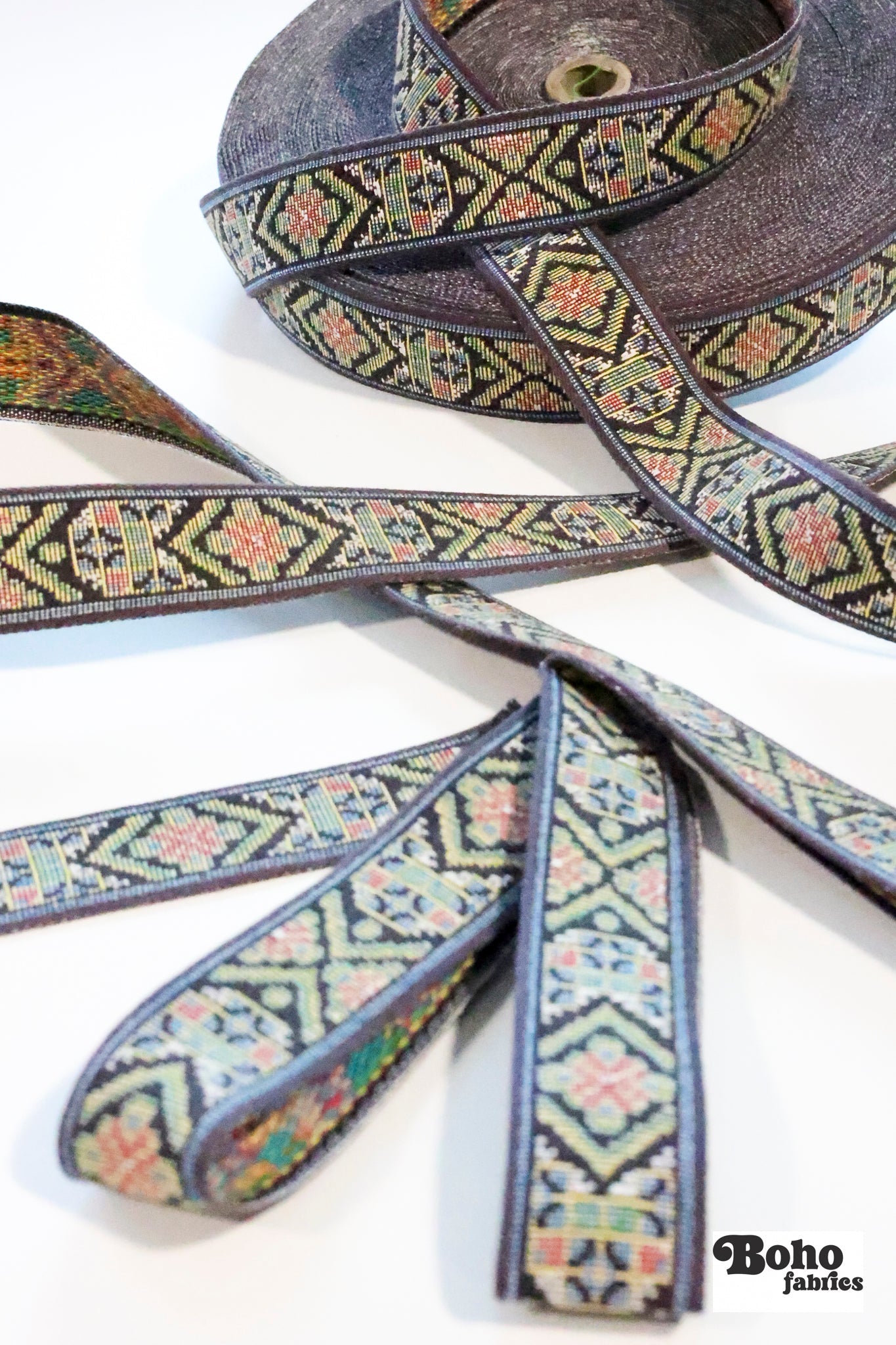 36 Yard Roll - Tapestry in Muted Black 2, 1 1/8" Vintage Jacquard Woven Trim (Webbing),TRIM - 043 - Boho Fabrics - Trims