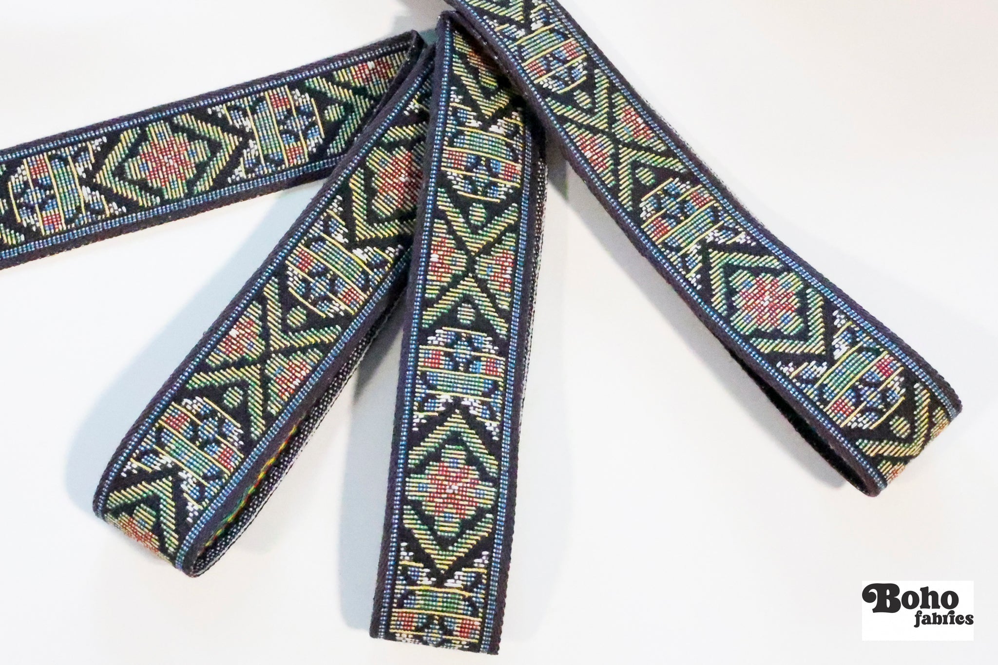 36 Yard Roll - Tapestry in Muted Black 2, 1 1/8" Vintage Jacquard Woven Trim (Webbing),TRIM - 043 - Boho Fabrics - Trims