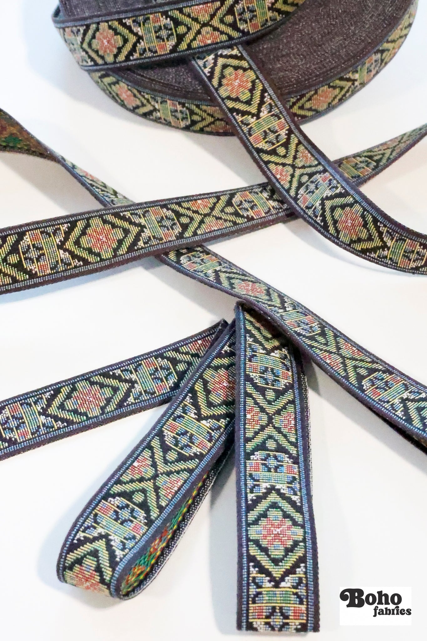 36 Yard Roll - Tapestry in Muted Black 2, 1 1/8" Vintage Jacquard Woven Trim (Webbing),TRIM - 043 - Boho Fabrics - Trims