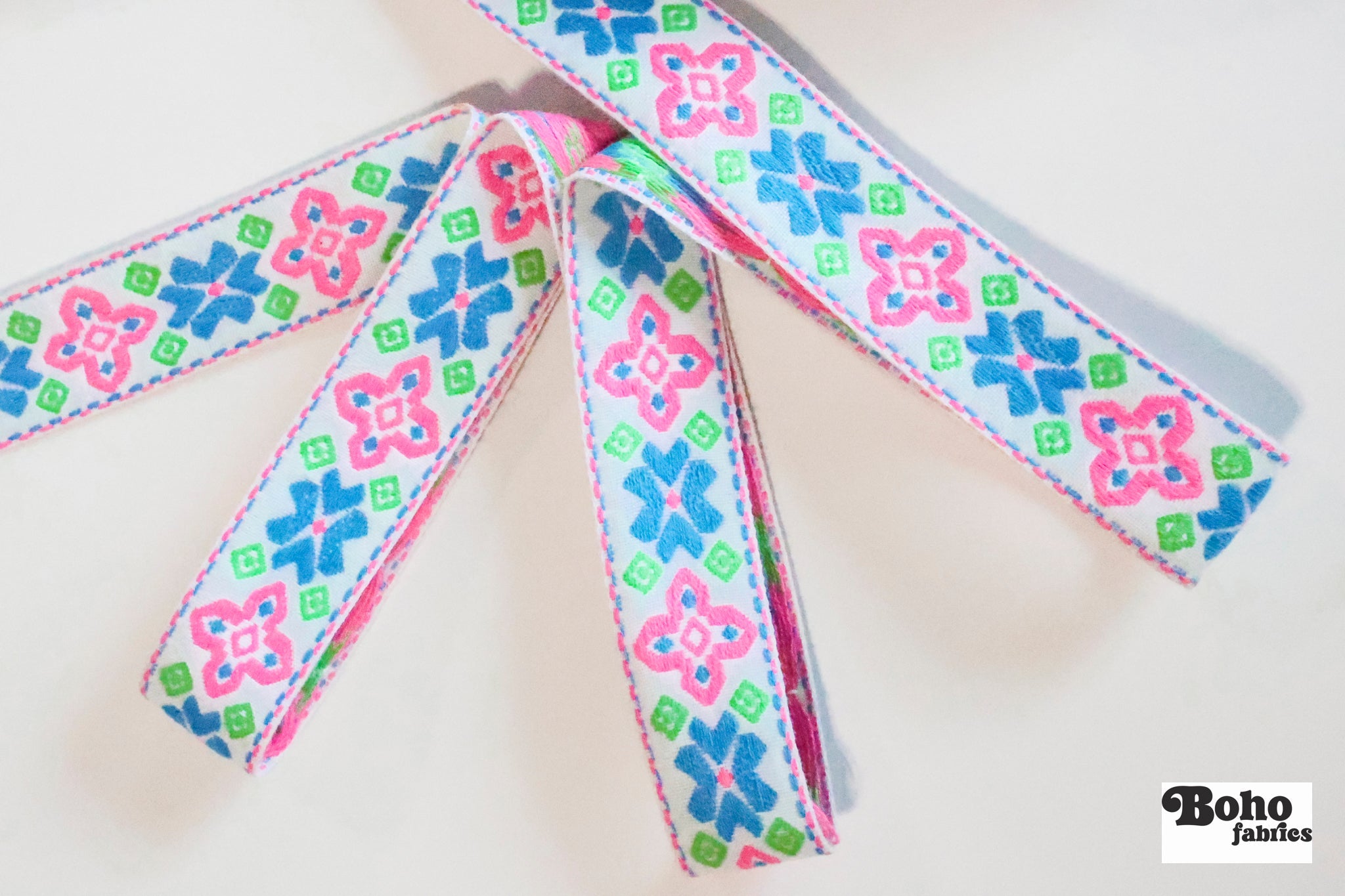 50 Yard Roll - Geo Axis, Pink/Blue/Green on White. Vintage Jacquard Woven Trim, 1.0625" TRIM - 037 - Boho Fabrics - Trims