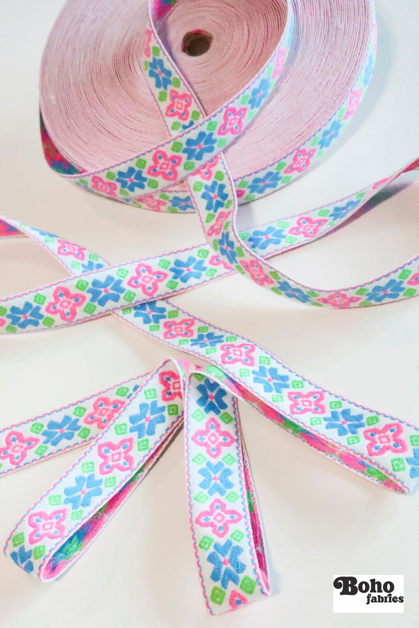50 Yard Roll - Geo Axis, Pink/Blue/Green on White. Vintage Jacquard Woven Trim, 1.0625" TRIM - 037 - Boho Fabrics - Trims