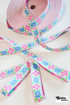 50 Yard Roll - Geo Axis, Pink/Blue/Green on White. Vintage Jacquard Woven Trim, 1.0625" TRIM - 037 - Boho Fabrics - Trims