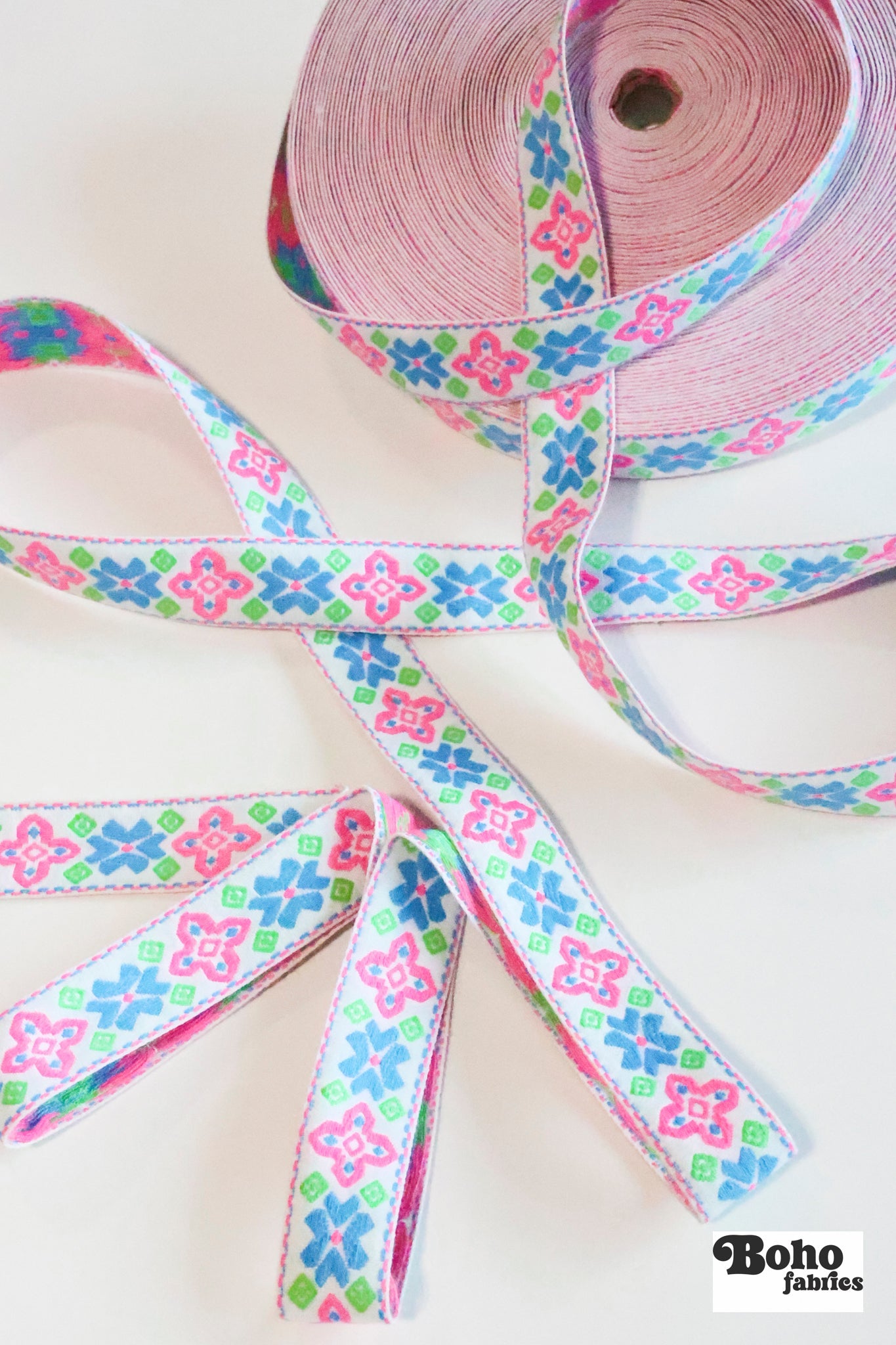50 Yard Roll - Geo Axis, Pink/Blue/Green on White. Vintage Jacquard Woven Trim, 1.0625" TRIM - 037 - Boho Fabrics - Trims