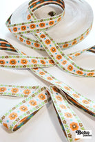 50 Yard Roll - Stitchwork Blooms in Clementine Orange. 1.325" Vintage Jacquard Woven Trim. TRIM - 039 - Boho Fabrics - Trims
