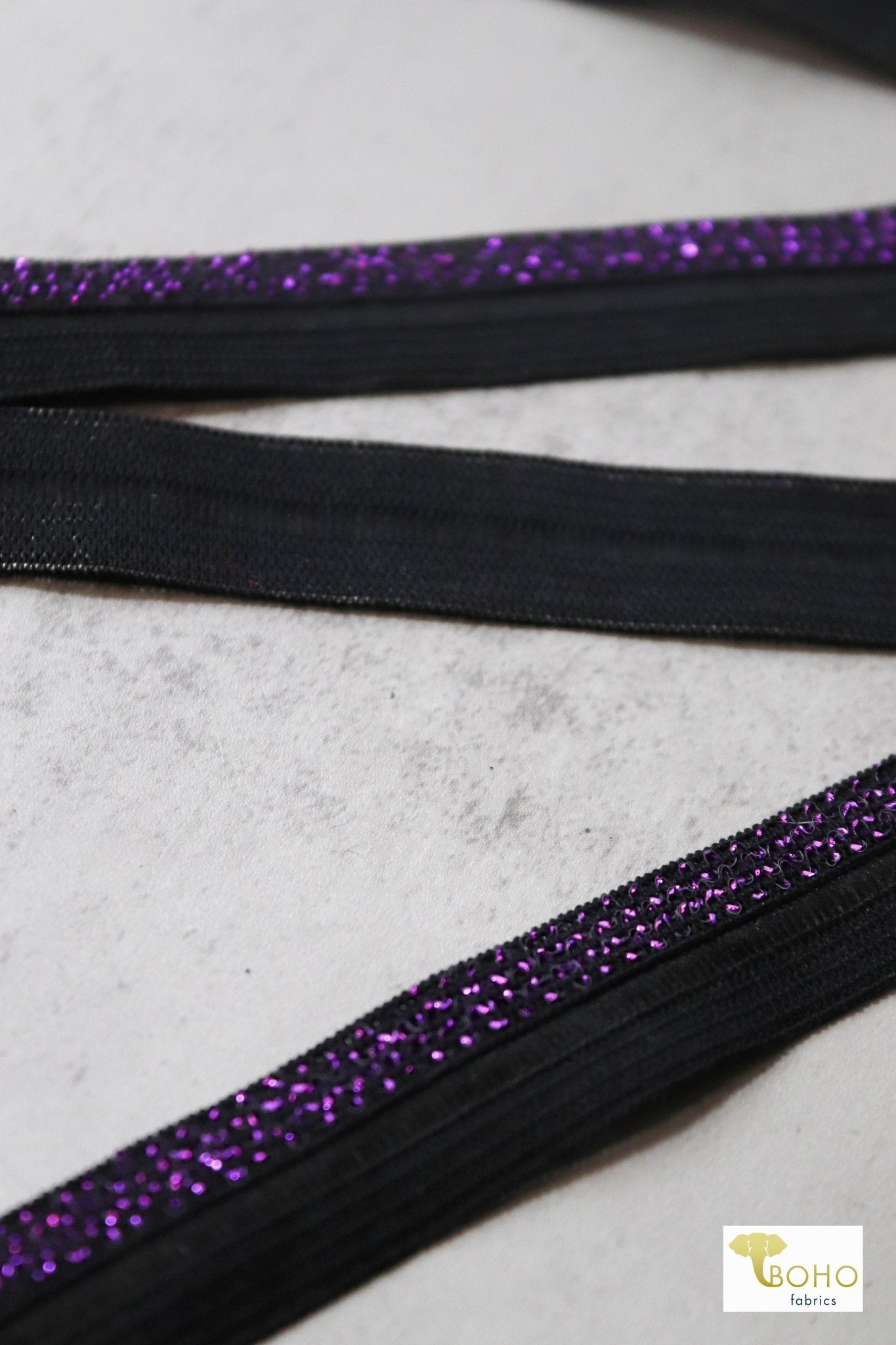 5/8" Purple Metallic, Fold Over Elastic. SOLD PER PACKAGE OF 3 YARDS. - Boho Fabrics
