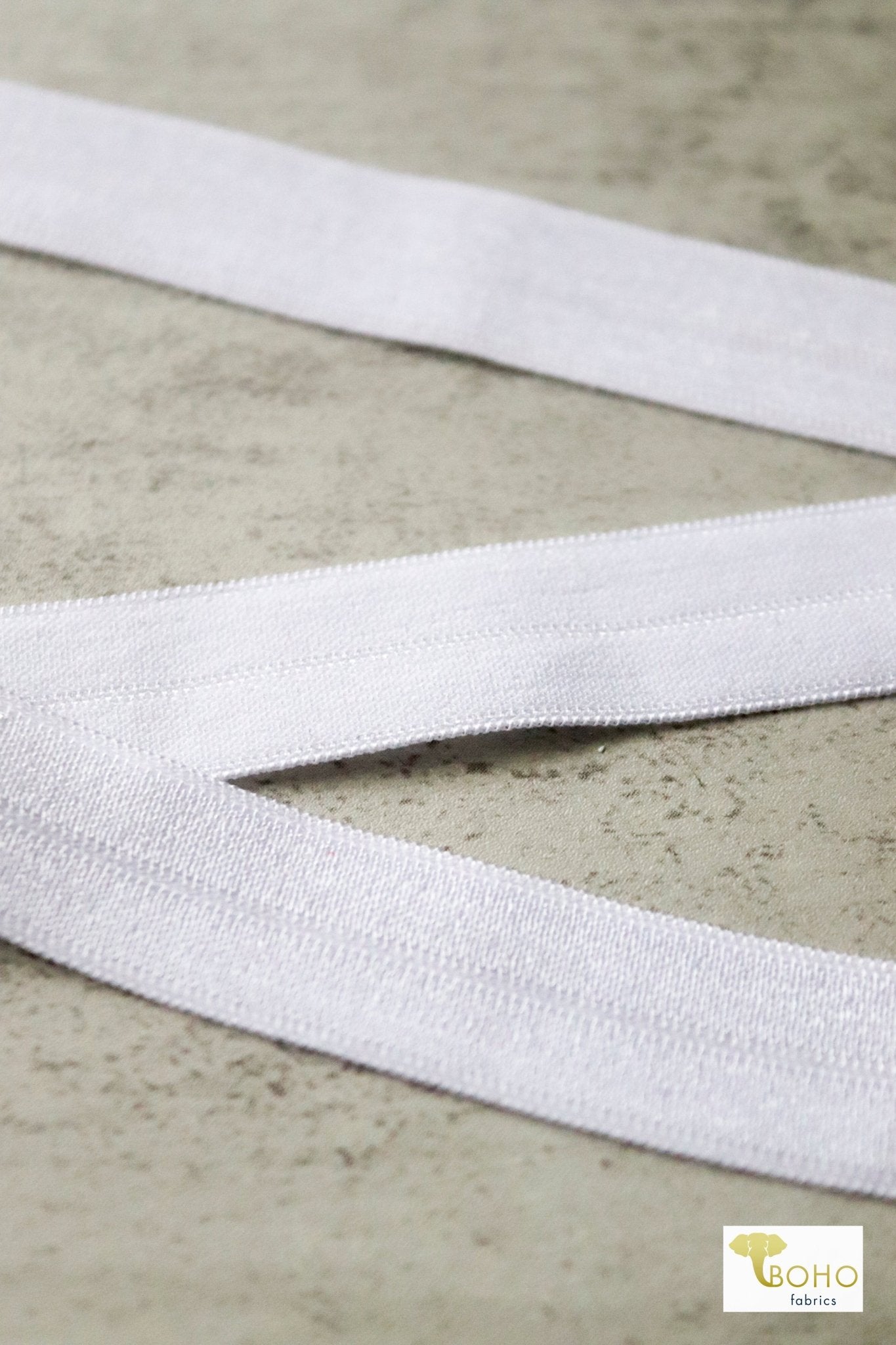 5/8" White, Fold Over Elastic. SOLD PER PACKAGE OF 3 YARDS. - Boho Fabrics