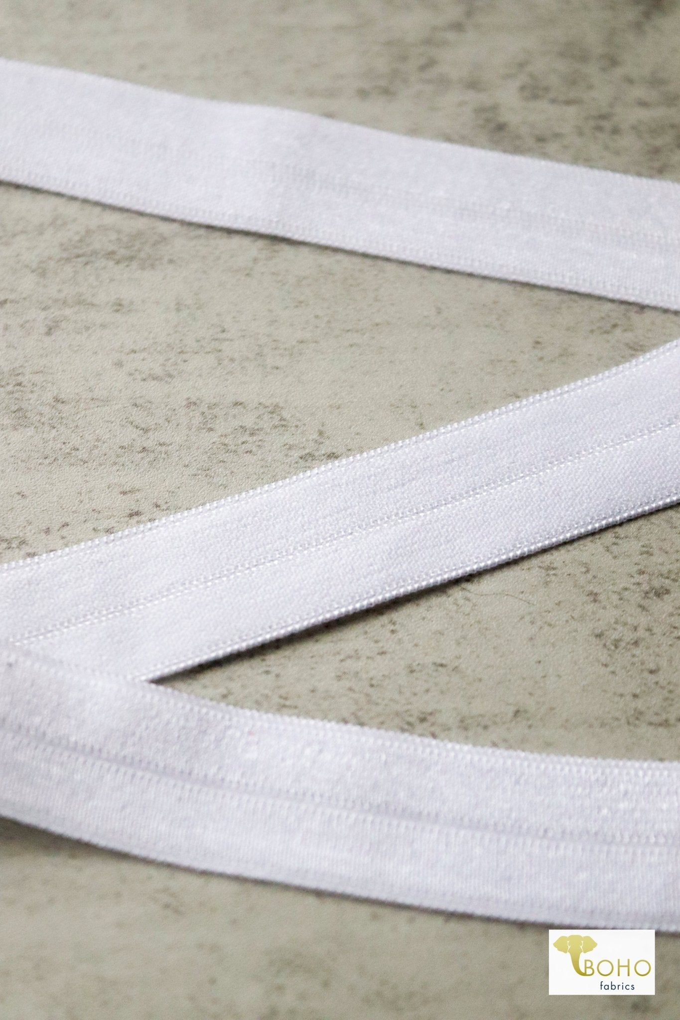 5/8" White, Fold Over Elastic. SOLD PER PACKAGE OF 3 YARDS. - Boho Fabrics