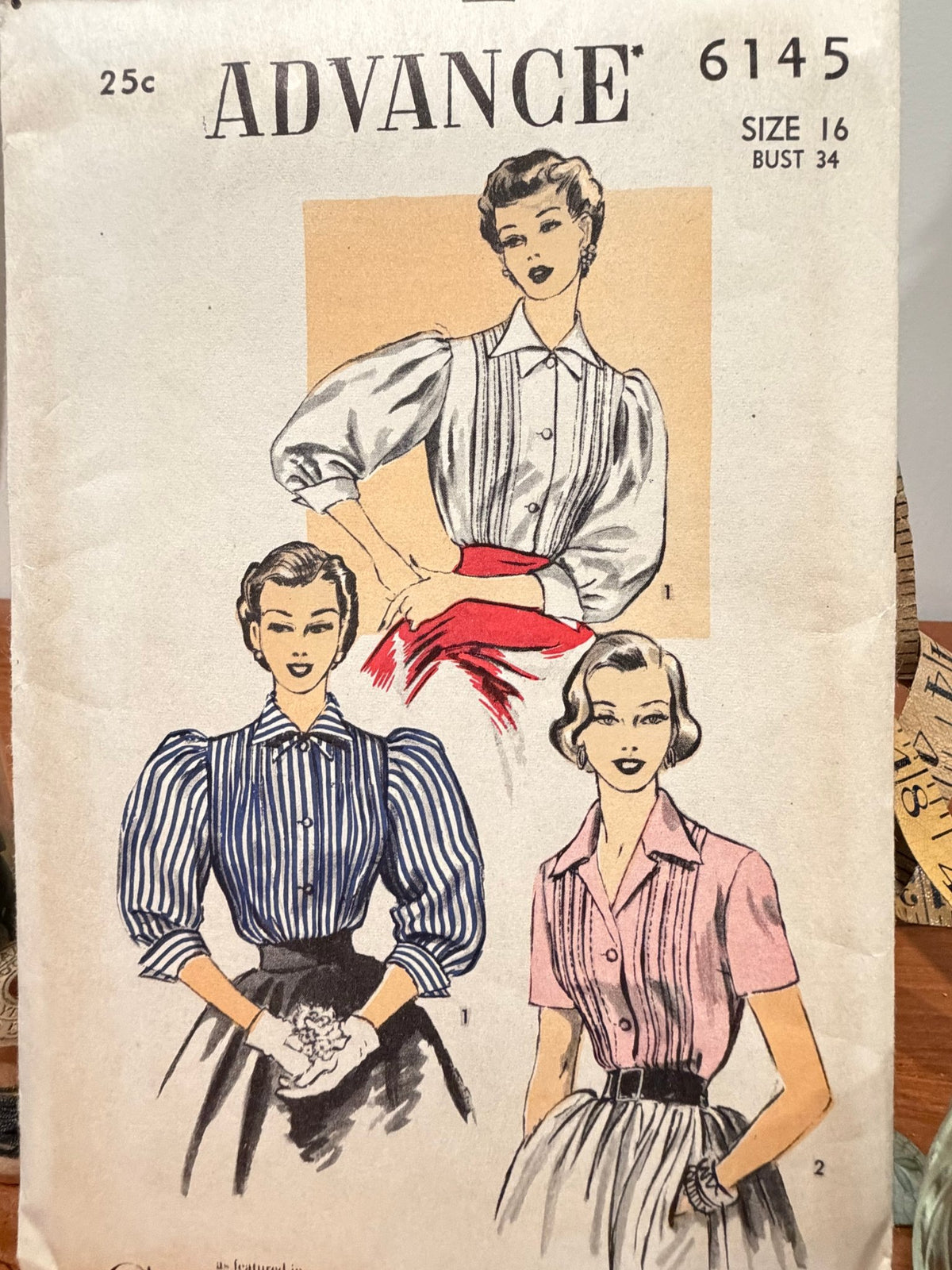 Advance Sewing Pattern #6145 — Blouse with Gigot Sleeves, Size 16, Bust 34, Vintage 1950s - Boho Fabrics - Sewing Patterns
