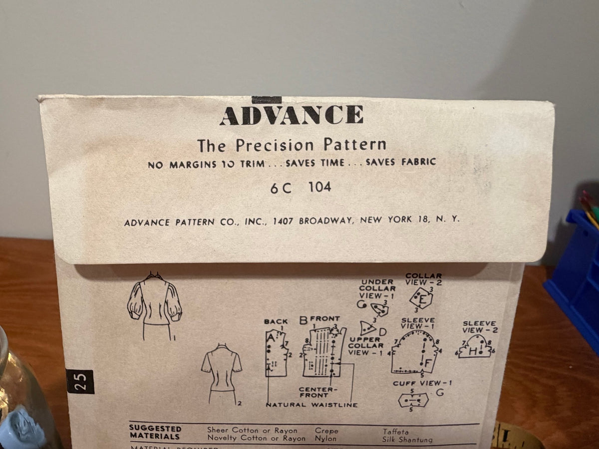 Advance Sewing Pattern #6145 — Blouse with Gigot Sleeves, Size 16, Bust 34, Vintage 1950s - Boho Fabrics - Sewing Patterns