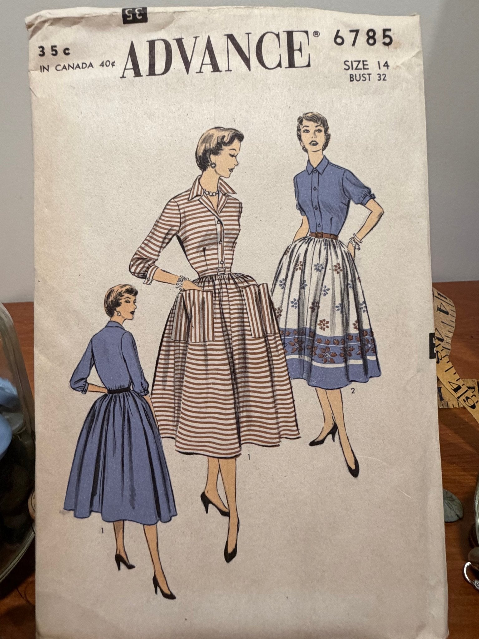 Advance Sewing Pattern #6785 — Button-Front Dress with Placket & Full Skirt, Size 14, Bust 32, Vintage 1950s - Boho Fabrics - Sewing Patterns