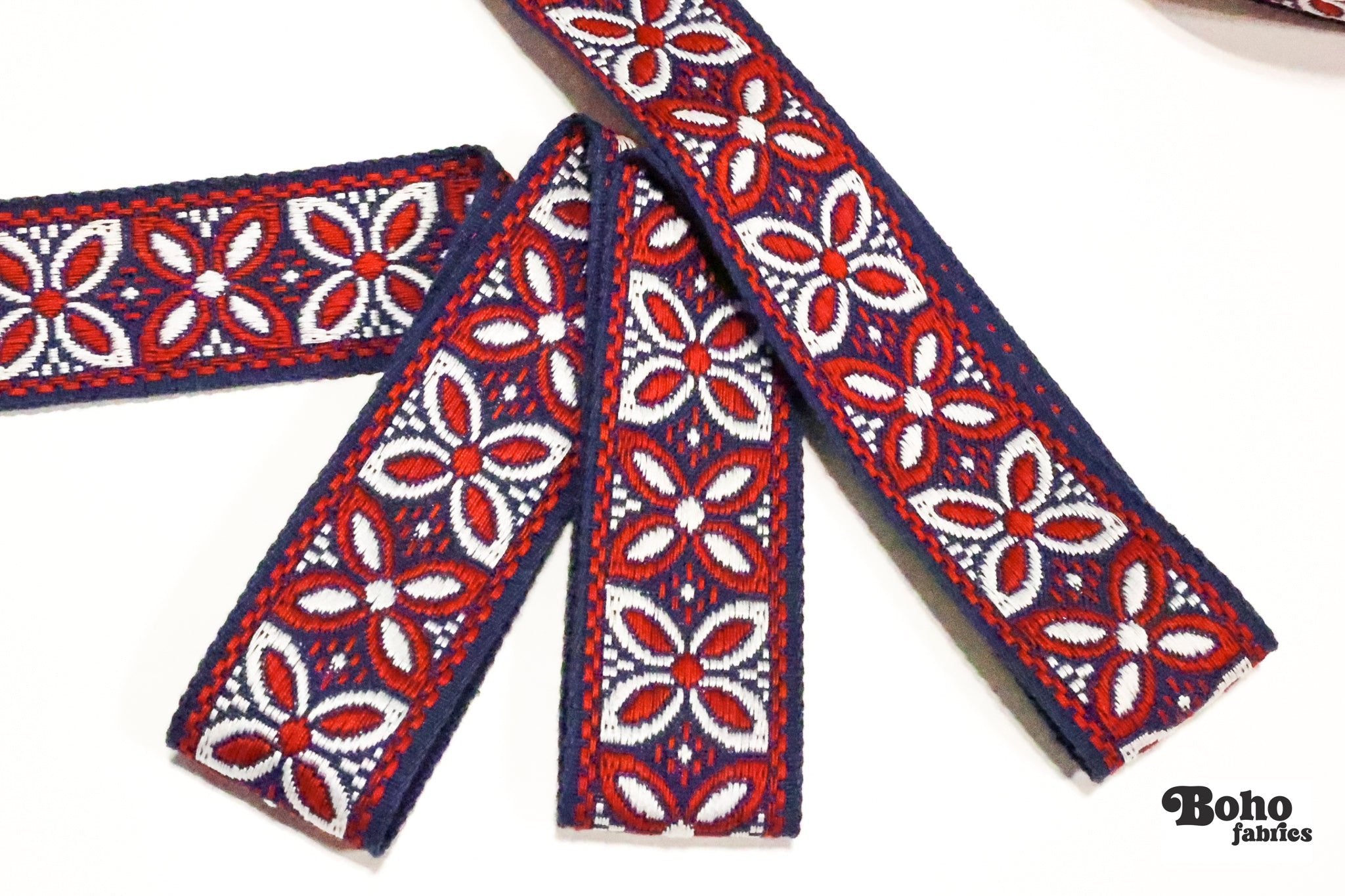 Alpine Petals in Navy & Red, 1.25" Vintage Jacquard Woven Trim. TRIM - 045 - Boho Fabrics - Trims