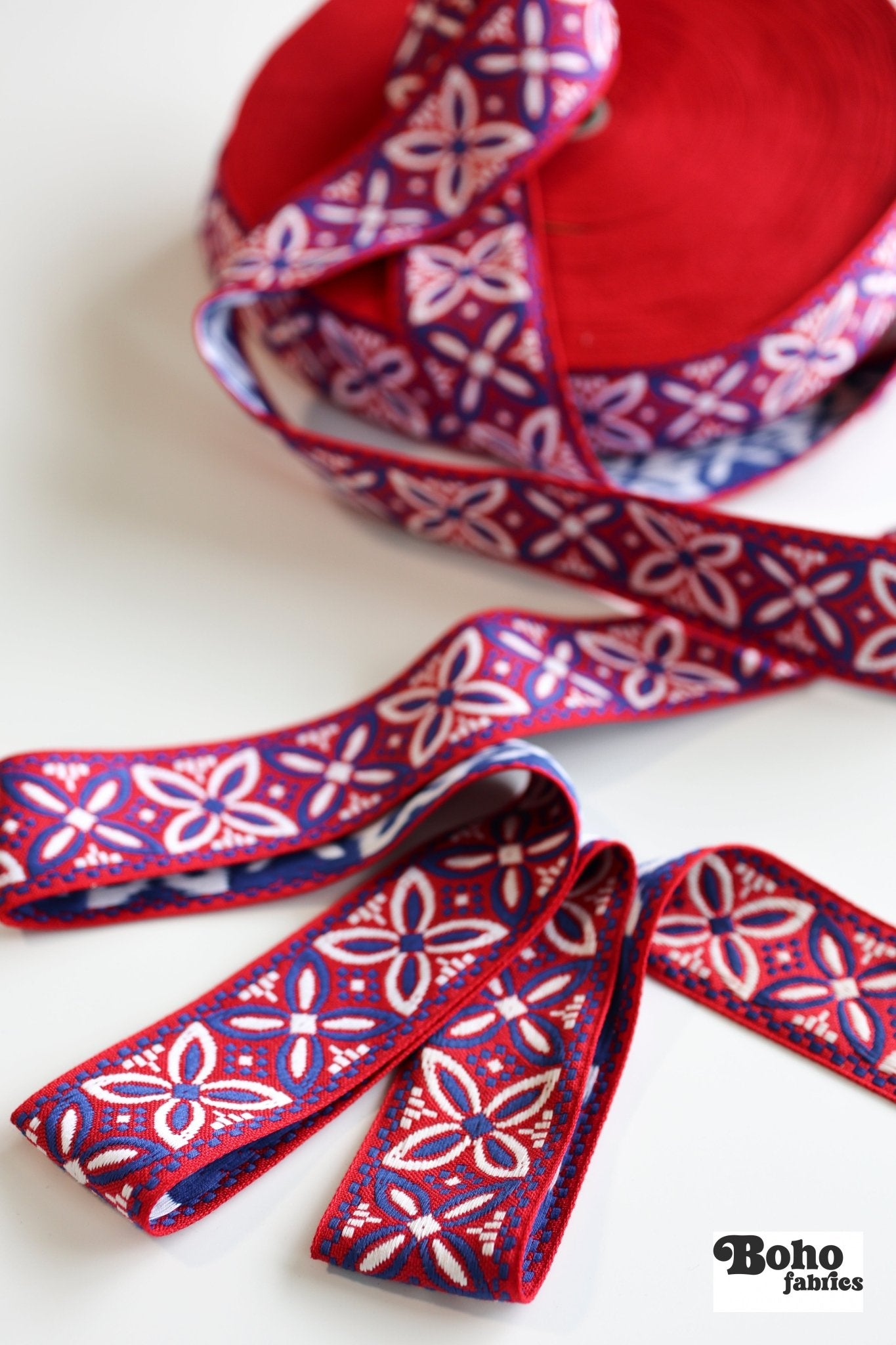 Alpine Petals in Red & Blue, 1 7/8" Vintage Jacquard Trim, TRIM - 031 - Boho Fabrics - Trims