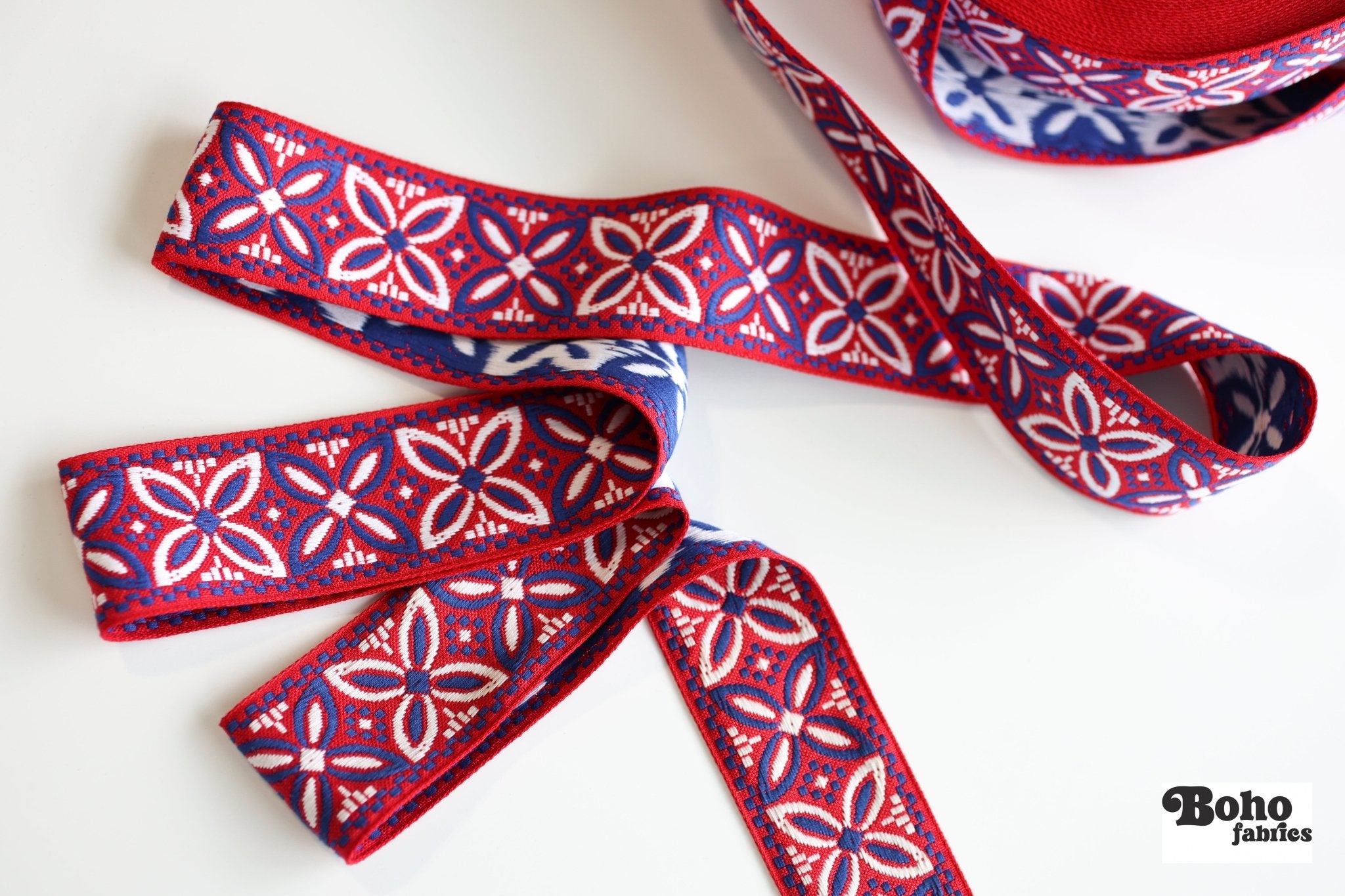 Alpine Petals in Red & Blue, 1 7/8" Vintage Jacquard Trim, TRIM - 031 - Boho Fabrics - Trims