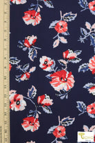 Americana Red Cosmos on Navy, Scuba Print Knit. SCU-112-BLU - Boho Fabrics
