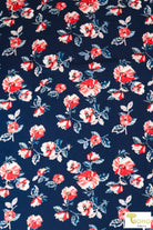 Americana Red Cosmos on Navy, Scuba Print Knit. SCU-112-BLU - Boho Fabrics