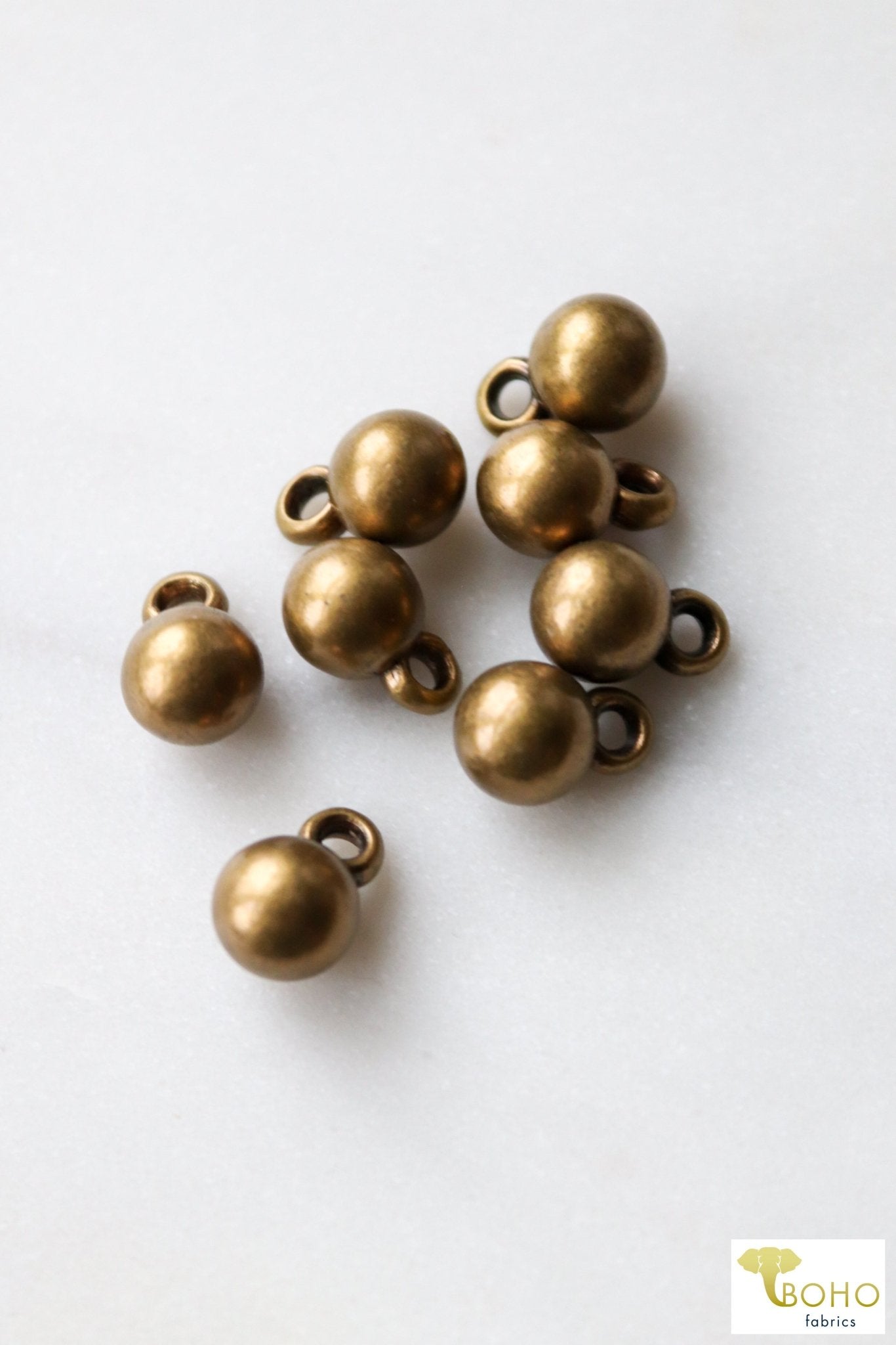 Antique Brass, 8mm Round Ball Button with Shank. Package of 20 HW-007 - Boho Fabrics
