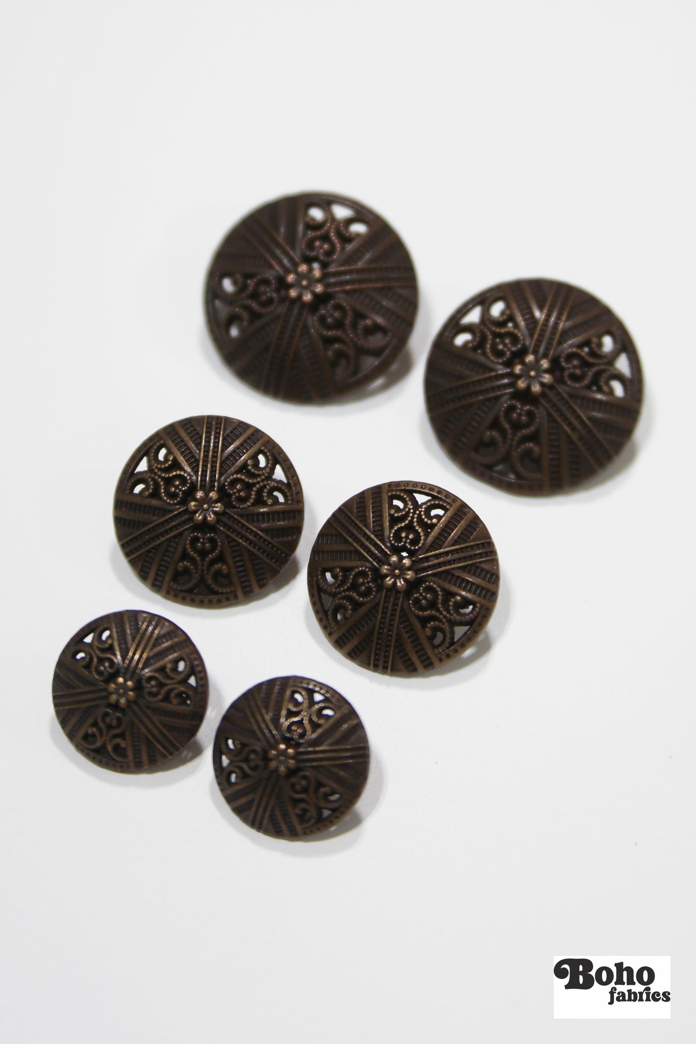 Antique Bronze Dome Filigree Metal Shank Buttons. 24L (15mm / 5/8"), 30L (19mm, 3/4"), 36L (23mm / 7/8") - Boho Fabrics - Buttons & Snaps