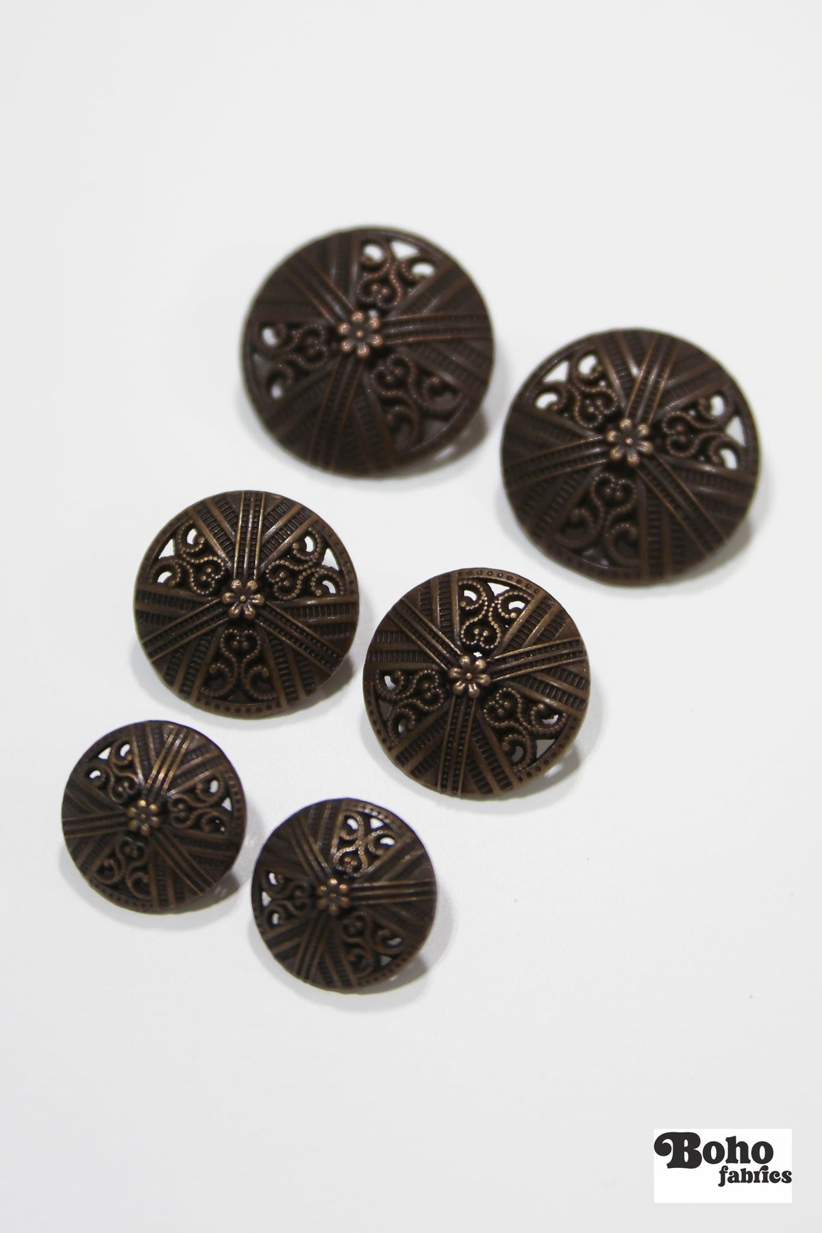 Antique Bronze Dome Filigree Metal Shank Buttons. 24L (15mm / 5/8"), 30L (19mm, 3/4"), 36L (23mm / 7/8") - Boho Fabrics - Buttons & Snaps