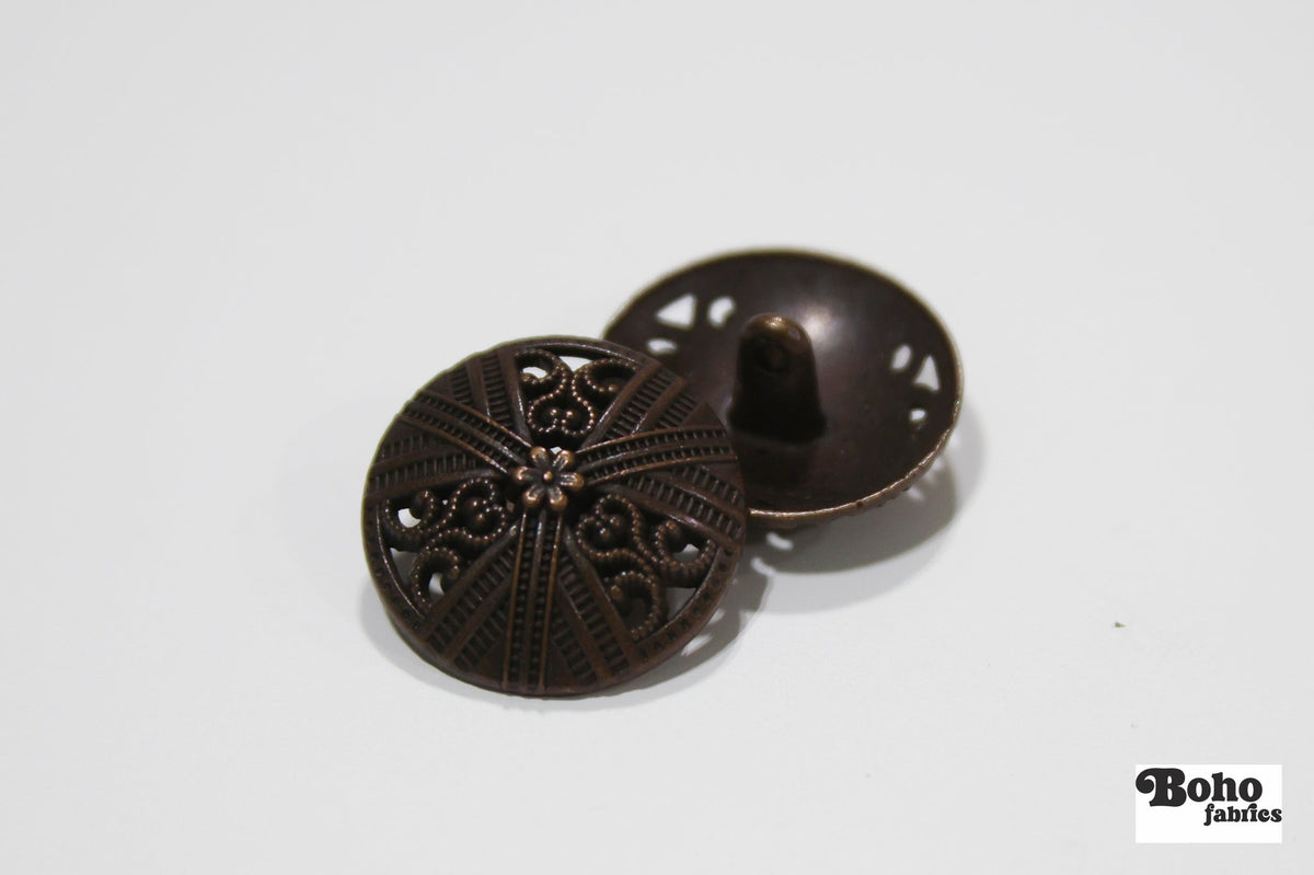 Antique Bronze Dome Filigree Metal Shank Buttons. 24L (15mm / 5/8"), 30L (19mm, 3/4"), 36L (23mm / 7/8") - Boho Fabrics - Buttons & Snaps