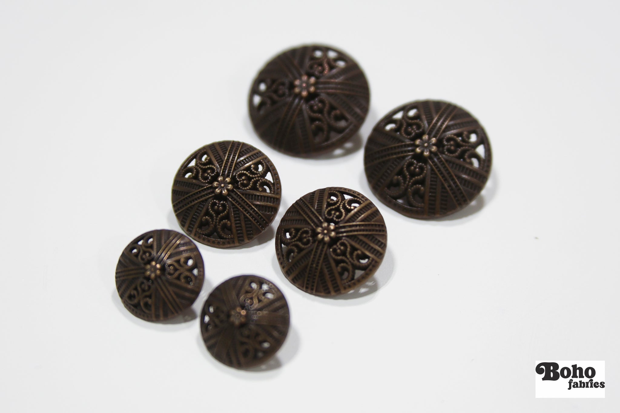 Antique Bronze Dome Filigree Metal Shank Buttons. 24L (15mm / 5/8"), 30L (19mm, 3/4"), 36L (23mm / 7/8") - Boho Fabrics - Buttons & Snaps